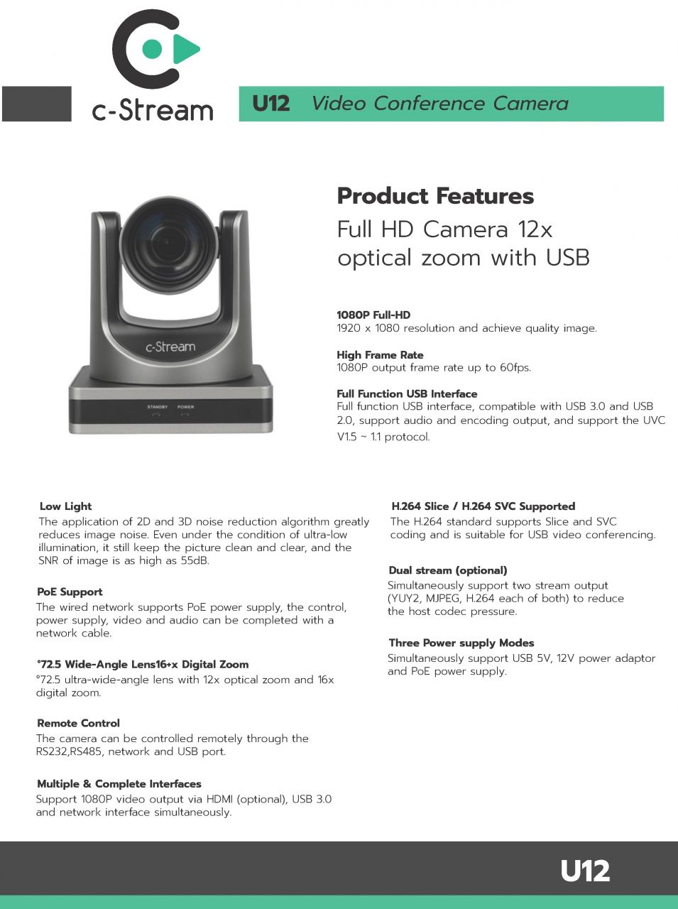 Full HD Camera 12x optical zoom with USB-1.jpg - c-Stream U12 กล้อง PTZ USB ควบคุมง่าย ซูม12x | https://c-stream.co